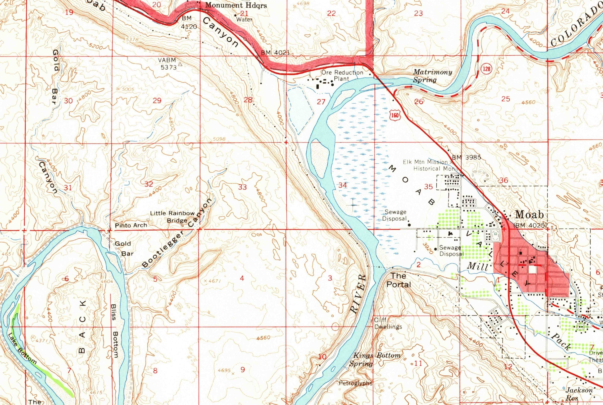 USGS topographic map of Moab, Utah, showing the ore reduction plant on the Colorado River